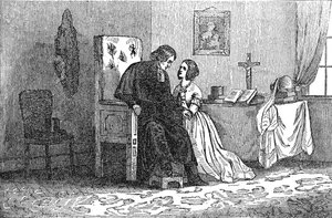 Illustration aus einem anti-katholischen Pamphlet, die eine junge Frau zeigt, die von einem Priester verführt wird