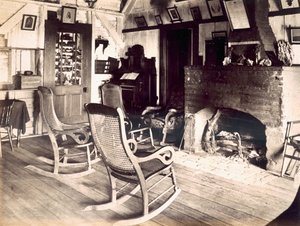 Innenraum einer amerikanischen Holzhütte, ca. 1880er
