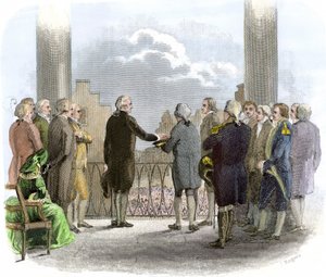 Investitur von George Washington (1732-1799) (Farbgravur) von American School