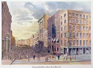 Blick auf die Broad Street von der Wall Street im Jahr 1873, Illustration aus Old New York, gestern und heute von Henry Collins Brown, 1922 von American School