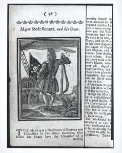 Major Stepe Bonnet, Seite 38 aus Geschichte und Leben aller berüchtigten Piraten und ihrer Besatzungen, London, 1725