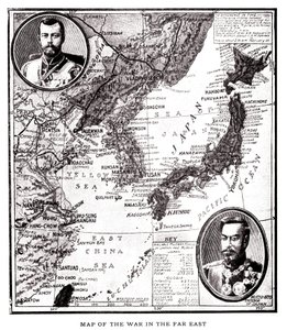 Karte von Ost-Russland, Korea und Japan während des japanisch-russischen Konflikts (1904-1905). Im Medaillon Zar Nikolaus II. von Russland (1868-1918) und Kaiser Meiji von Japan (1852-1912). Illustration in „Russia and Japan and a complete history of the w von American School