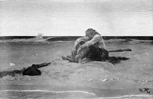 Ausgesetzter Pirat nach „Buccaneers and Marooners of the Spanish Main“ von Howard Pyle (1853 - 1911), amerikanischer Illustrator. Grisaille. 1887.