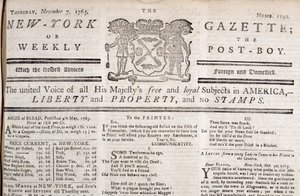 Kopfzeile der New York Gazette, die ihre Opposition zu den Stempeln erklärt, gedruckt am 7. November 1765