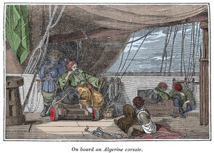 An Bord eines Schiffes algerischer Piraten. Illustration aus „The Pirates Own Book, authentic narratives of the most celebrated sea robbers“ von Charles Ellms, Boston 1837 von American School
