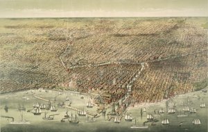 Panoramablick auf die Stadt Chicago, veröffentlicht 1892 von American School
