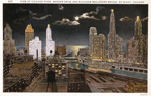Postkarte von Chicago bei Nacht von American School