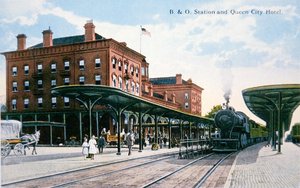 Postkarte der Baltimore and Ohio Railroad Station und Queen City Hotel, Cumberland, Maryland, ca. 1910