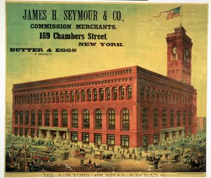 Plakat, das James H. Seymour & Co. Kommissionshändler an der New York Produce Exchange bewirbt, graviert von Sacket, Wilhelms und Betzig, ca. 1885
