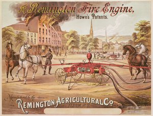 Plakat für die Remington-Feuerwehrmaschine, hergestellt von der Remington Agricultural Company, ca. 1890
