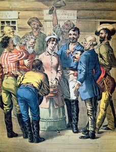 Goldsucher versammeln sich um eine Frau in einem Goldlager von American School