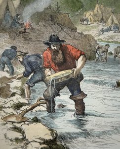Goldsucher beim Goldwaschen während des kalifornischen Goldrauschs von 1849