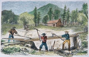 Goldsucher benutzen eine Rinne während des kalifornischen Goldrauschs von 1849 von American School