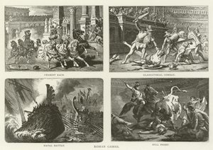 Römische Spiele, Wagenrennen, Gladiatorenkampf, Seeschlacht, Stierkampf