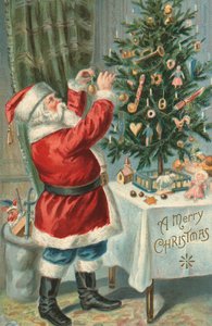 Weihnachtsmann schmückt einen Weihnachtsbaum von American School