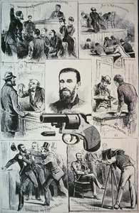 Szenen aus dem Leben des Attentäters Charles Jules Guiteau (1841-82) und die Waffe, mit der er Präsident James A. Garfield (1831-81) tötete, 1881 von American School