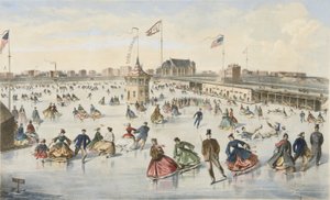 Schlittschuhlaufen auf dem Union Pond, veröffentlicht 1863 (Farblithografie) von American School