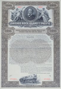 Musteranleihezertifikat für 1000 Dollar für die Chicago, Rock Island and Pacific Railway Company, 1898 von American School