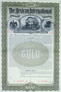 Musteranleihezertifikat für 1000 Dollar für die Mexican International Railroad Company, 1897 von American School
