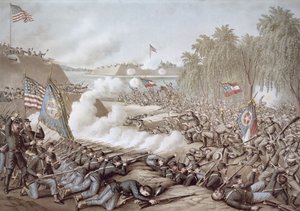 Die Schlacht von Corinth, 3.-4. Oktober 1862, zeigt die Flaggen von Nord und Süd, von Kurz & Allison von American School