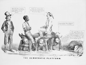 "Die Demokratische Plattform" politische Karikatur über die Haltung der Demokratischen Partei zur Sklaverei, ca. 1856