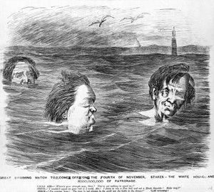 Das große Schwimmwettbewerb, das am vierten November stattfinden wird, ca. 1860 von American School
