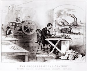 Der Fortschritt des Jahrhunderts: Die Blitz-Druckpresse, der elektrische Telegraph, die Lokomotive und das Dampfschiff, veröffentlicht von Currier & Ives, 1876 von American School