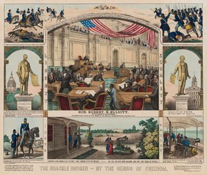 Die Fessel gebrochen - Durch den Genius der Freiheit, ca. 1860-1879 (Farblithografie) von American School