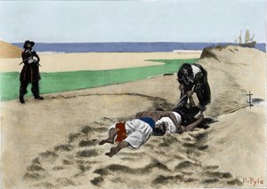 Die Toten sprechen nicht: Illustration über Piraten aus „Buch der Piraten, Freibeuter und Marooners des spanischen Haupts“ von Howard Pyle (1853 - 1911), amerikanischer Illustrator. 1887. von American School