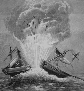 Der erste Torpedo, erfunden von Robert Fulton (1765-1815), sprengt die dänische Brigg 