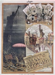 Die Zukunft der Freiheitsstatue, Karikatur aus der Zeitschrift Judge um die Zeit ihres Baus im Jahr 1886