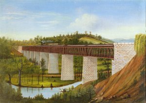 Ansicht einer überdachten Brücke und Eisenbahn, um 1870