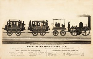 Ansicht des ersten amerikanischen Eisenbahnzuges, veröffentlicht 1865