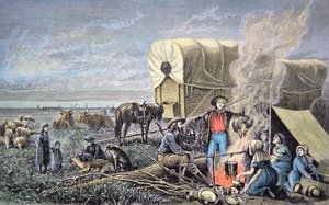 Wagen der Auswanderer nach Westen von American School