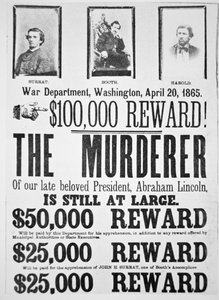 Plakat des Kriegsministeriums von Washington, das eine Belohnung von 100.000 Dollar für die Ergreifung des Mörders von Abraham Lincoln (1809-65) am 20. April 1865 ankündigt von American School