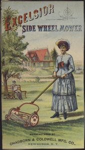 Frau mäht den Rasen von American School
