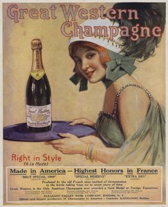 Junge Frau mit einer Flasche Champagner, Werbung für Great Western Champagne von American School