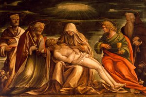 Pieta zwischen den Heiligen Markus, Ambrosius, Johannes dem Evangelisten und Antonio Abate, von Amico Aspertini (1474 oder 1475-1552), Tempera auf Leinwand
