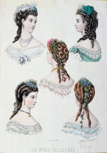 Fünf Frauenfrisuren Tafel aus „La mode illustrée“ von Anais Coutwelve