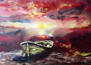 Lebendiges Sonnenuntergangs-Ruderboot