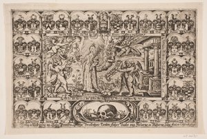 Sophie Brockenhuus und vier Genies, umgeben von Wappenschildern. Aus der Leichenpredigt von Anders Ottesen