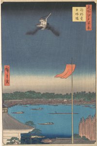 Azuma-Brücke vom Komagatado-Tempel, aus der Serie Einhundert berühmte Ansichten von Edo, 1857