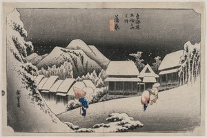 Abendschnee in Kambara, Nummer sechzehn der Serie Dreiundfünfzig Stationen des Tokaido, 1833 von Ando Hiroshige