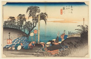 Fujikawa, Annäherung eines Adligen, in Die dreiundfünfzig Stationen der Tokaido-Straße (Tokaido Gojusan Tsugi-no Uchi) von Ando Hiroshige