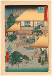 Ishibe: Gäste im Gasthaus (Isibe, ryosha tomarikyaku) aus der Serie 53 Stationen des Tokaido von Ando Hiroshige
