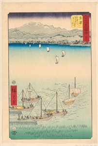 Kusatsu: Von Kasatsu nach Yabase, ein Bogen und Bogensehne aus der Serie 53 Stationen des Tokaido von Ando Hiroshige