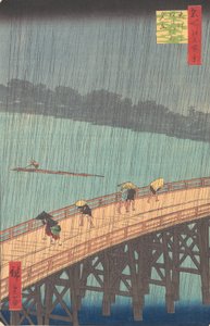 Plötzlicher Regenschauer über Shin-Ohashi-Brücke und Atake Ohashi Atake no yudachi, aus der Serie..., 1857 von Ando Hiroshige