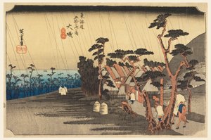 Toras Regen (Oiso, Tora-ga-ame), in Die Dreiundfünfzig Stationen der Tokaido-Straße (Tokaido Gojusan Tsugi-no Uchi) von Ando Hiroshige