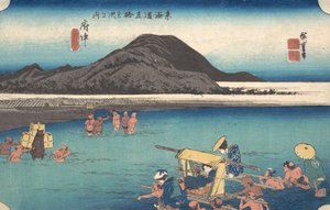 Reisende durchqueren den Abe-Fluss bei Fuchu, ca. 1833-34