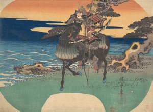 Krieger reitet auf schwarzem Pferd entlang der Meeresküste, ca. 1835 von Ando Hiroshige
